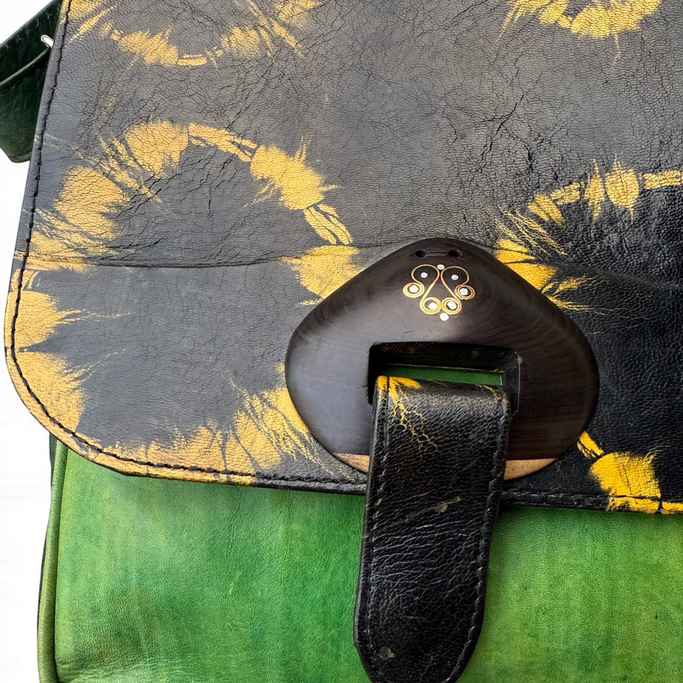 Green & Black Tie-Dye Leather Crossbody Bag – Handmade 9x11