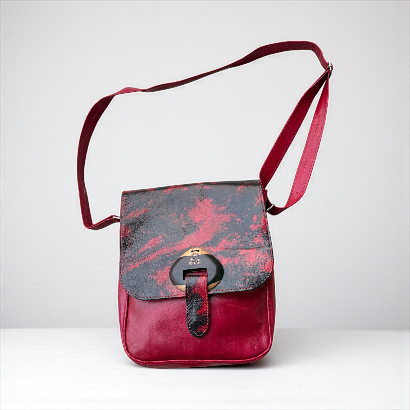 Red & Black Leather Crossbody Bag – Handmade 9x11