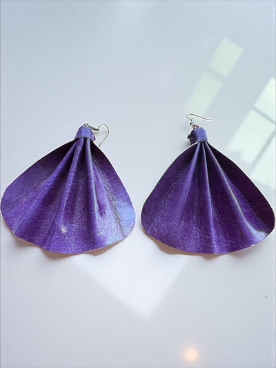 Saramani Royal Plum Leather Fan Earrings – Handmade from Recycled Leather, Burkina Faso