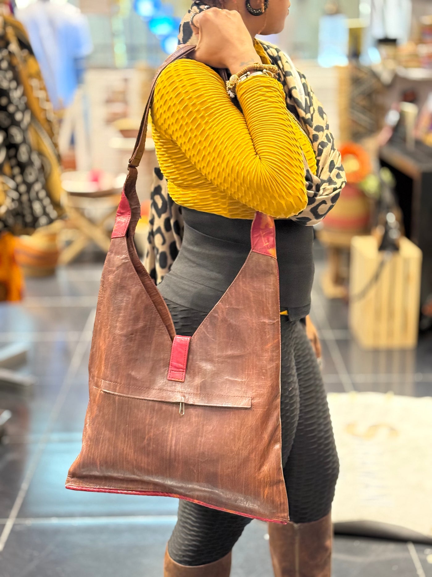 Two-Tone Leather Shoulder Bag with Tie-Dye and African Mask Pendant