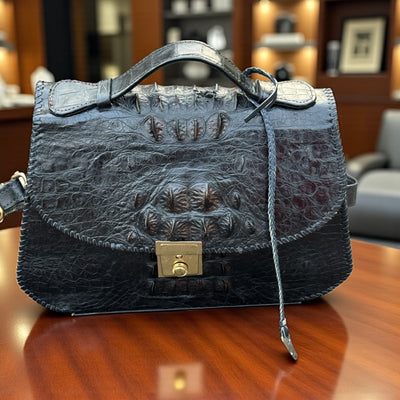 Luxury Handmade Black Textured Leather Handbag with Gold Push-Lock