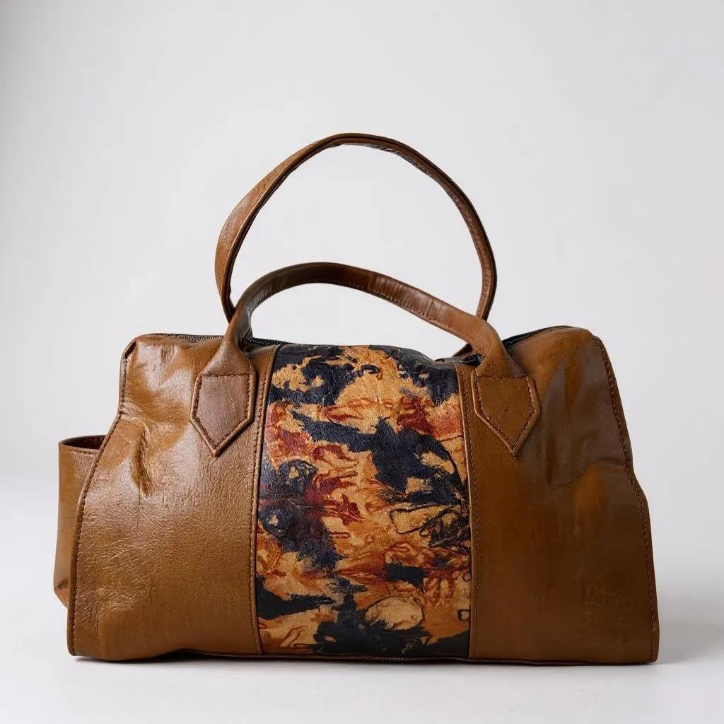 Rustic Artisan Leather Duffle – Handcrafted Small Handbag with Artistic Panel (9” x 11” x 5”)
