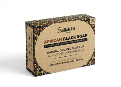 African Black Soap with Exfoliating African Shower Net – Natural Organic Soap for Acne, Scars, and Skin Care – Deep Cleansing and Hydrating, Handmade in West Africa – 1 lb (16oz)