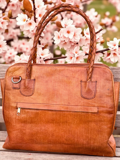 Sahara Muse Leather Tote – Handmade in Mali with Mudcloth & Ebony Wood Accent (13.5x14x7)