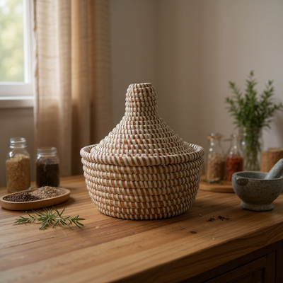 Small Senegal Handwoven Lidded Basket – Natural & White Stripes (8”)