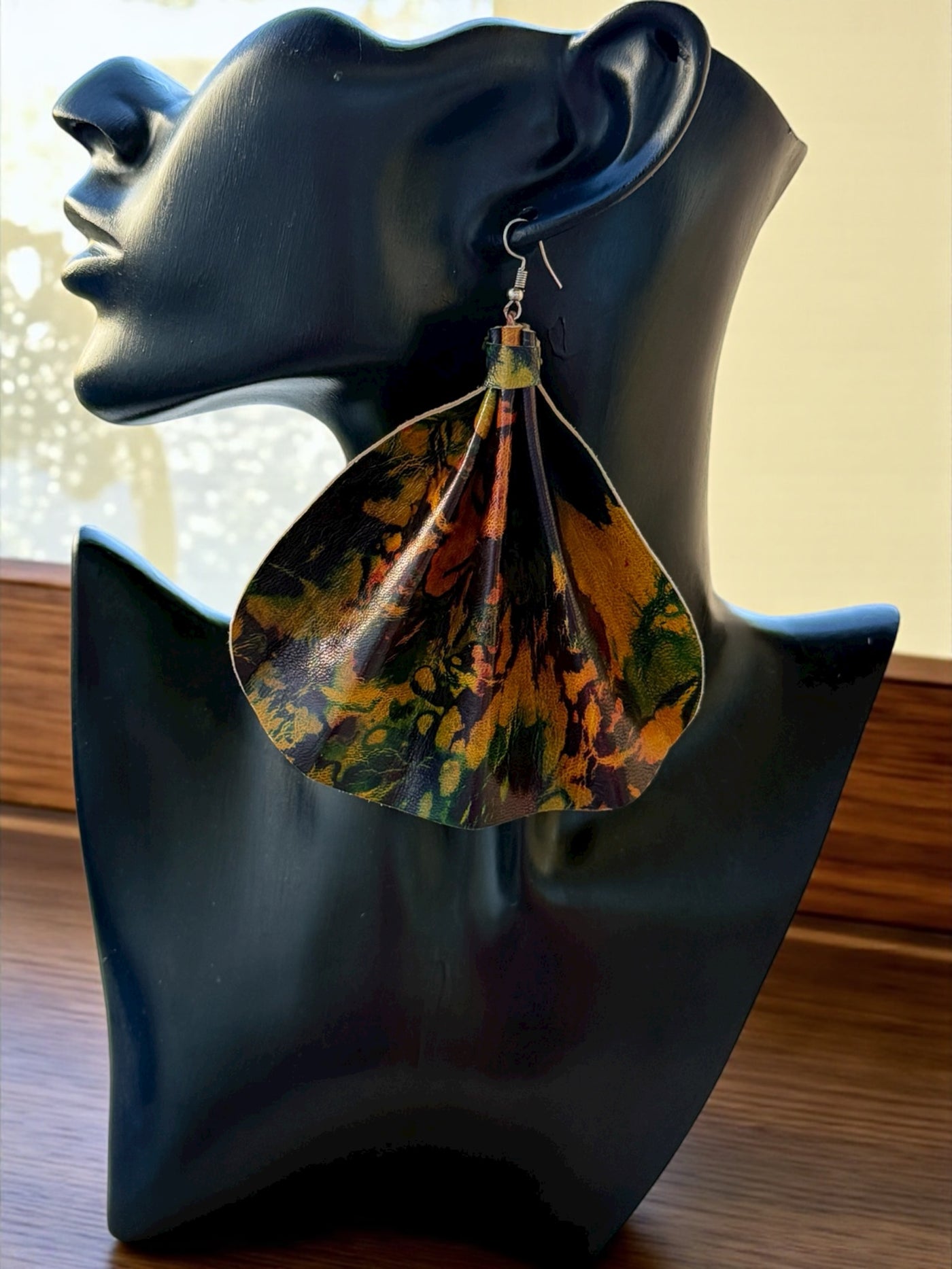 Saramani Earth Ember Leather Fan Earrings – Handmade from Recycled Leather, Burkina Faso