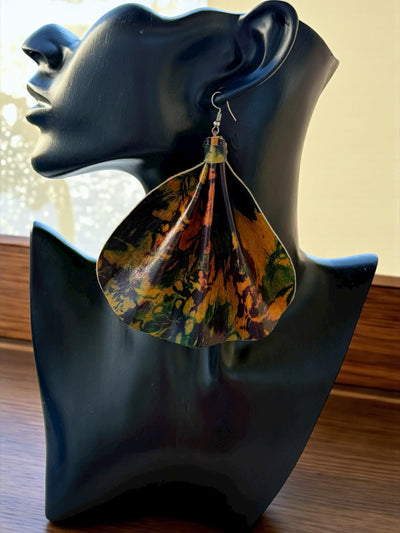 Saramani Earth Ember Leather Fan Earrings – Handmade from Recycled Leather, Burkina Faso