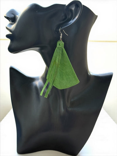 Saramani Bandi Leather Fringe Earrings – Handmade in Burkina Faso (Vibrant Green)