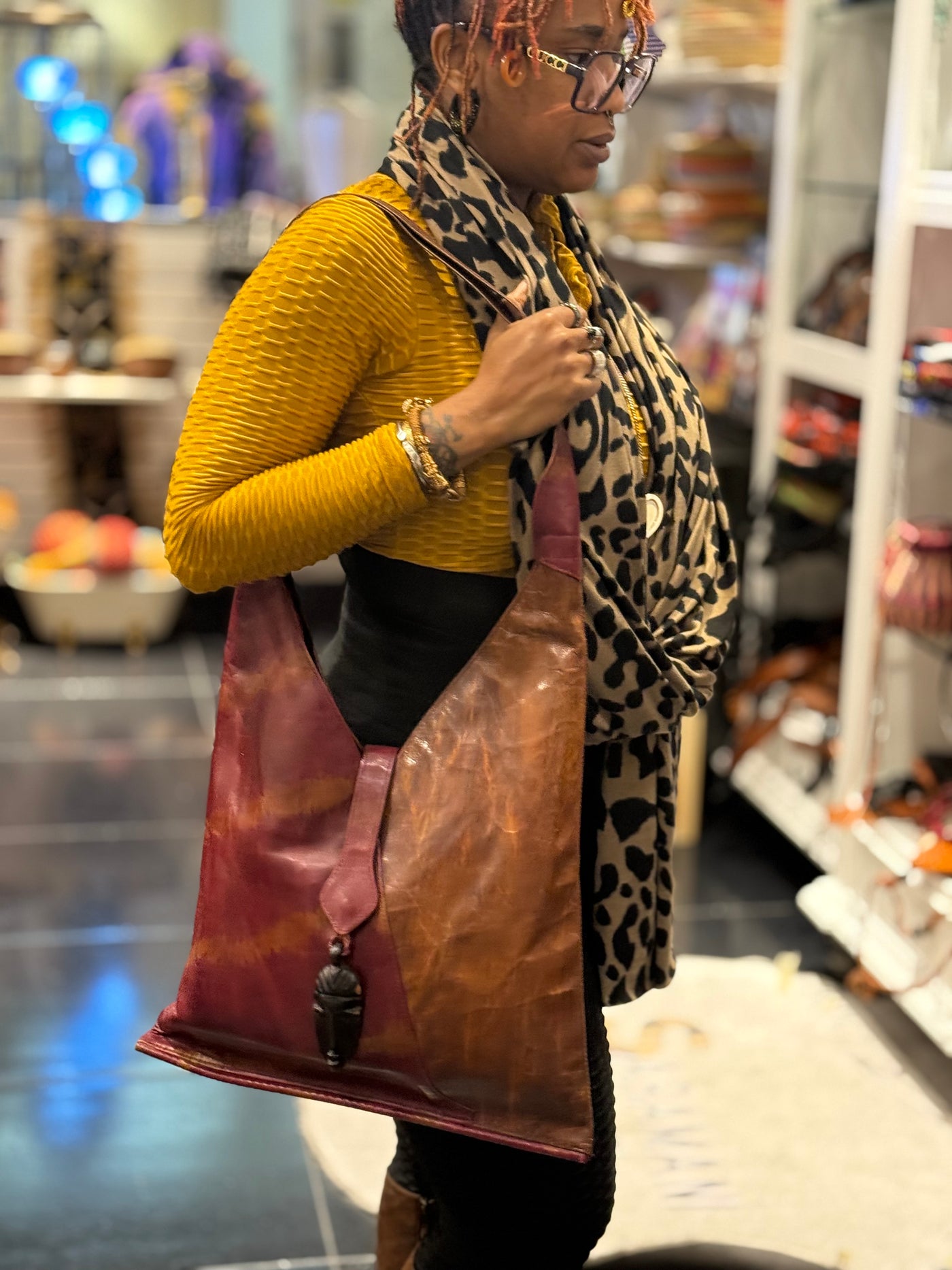 Burgundy Tie-Dye Leather Crossbody Bag with Tribal Accents