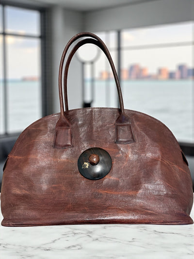 Desert Jewel Leather Tote – Genuine Brown Leather Bag with Ebony Wood Finish, Handmade in Mali (11x18x6)