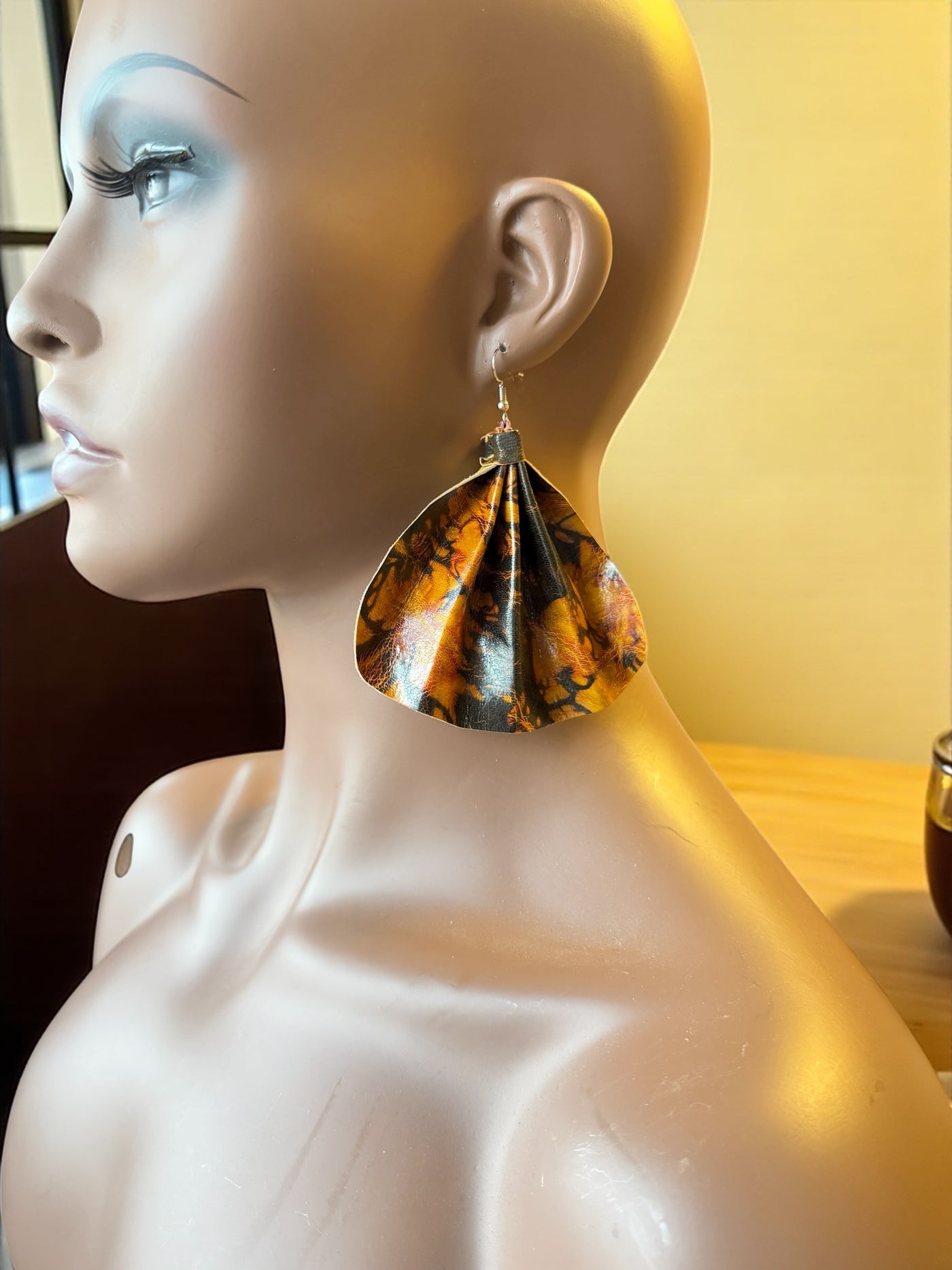 Saramani Sunburst Leather Fan Earrings – Handmade from Recycled Leather, Burkina Faso