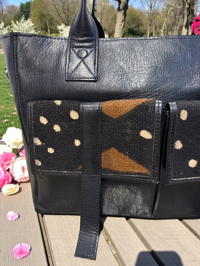 Savanna Voyager Tote – Black Leather & Mudcloth Travel Bag Handmade in Mali (11x16x5.5)
