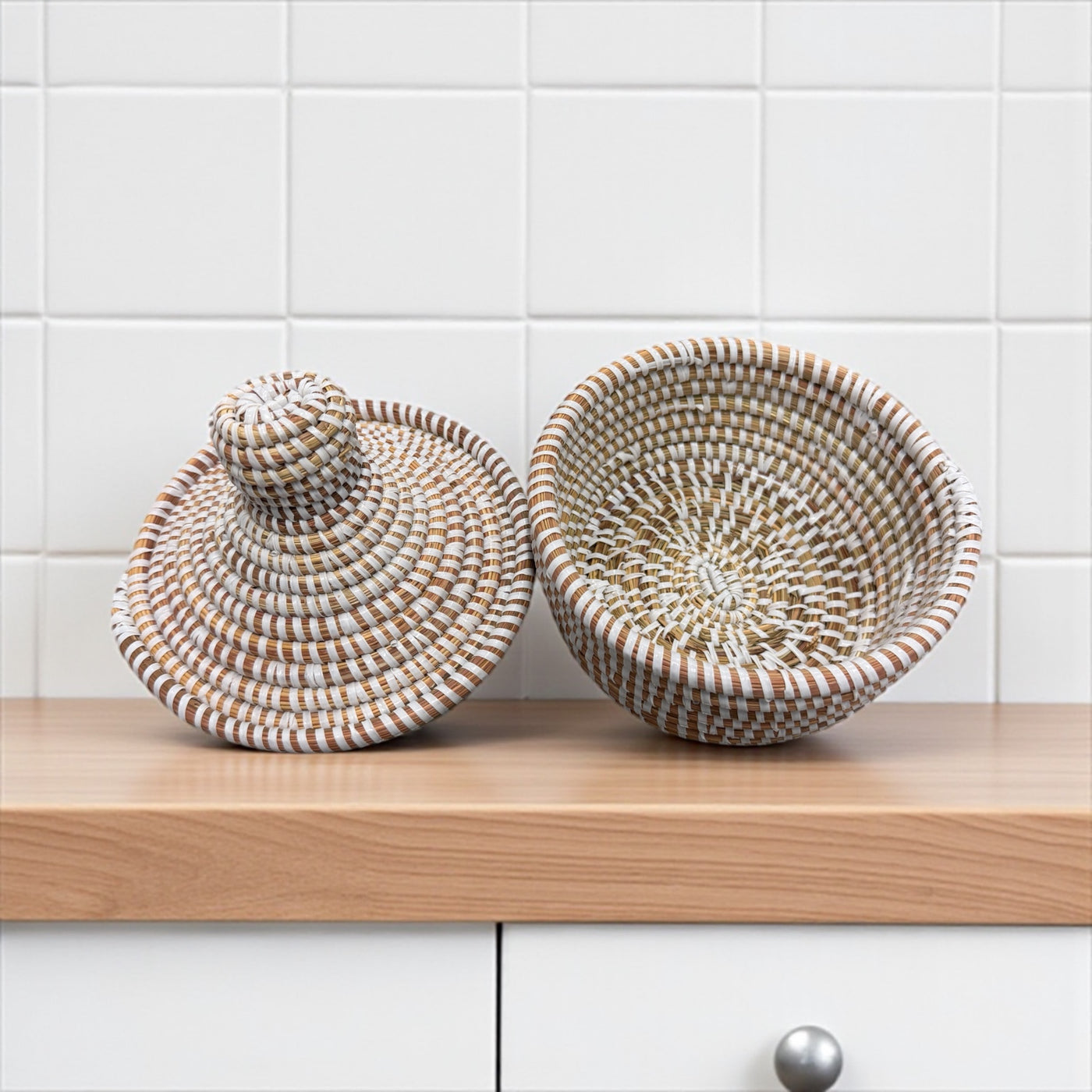 Small Senegal Handwoven Lidded Basket – Natural & White Stripes (8”)