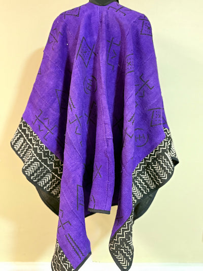 Purple Mudcloth Shawl with Black Geometric Patterns – Handcrafted, One Size Fits Most