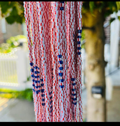 Handcrafted Cindy Single Strand Tie On Red Whit Blue Waistbeads (Wholesale)
