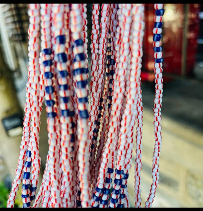 Handcrafted Cindy Single Strand Tie On Red Whit Blue Waistbeads