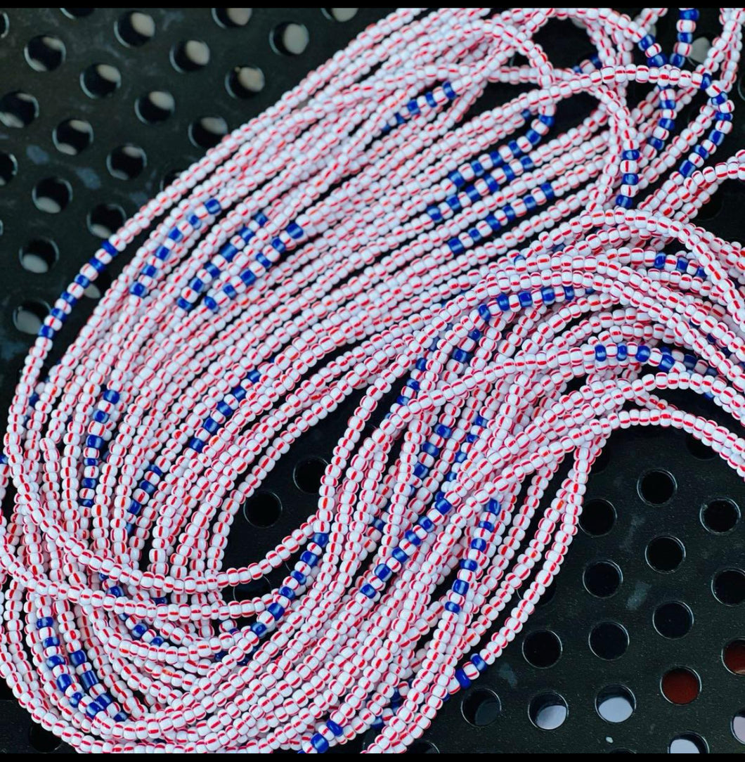 Handcrafted Cindy Single Strand Tie On Red Whit Blue Waistbeads