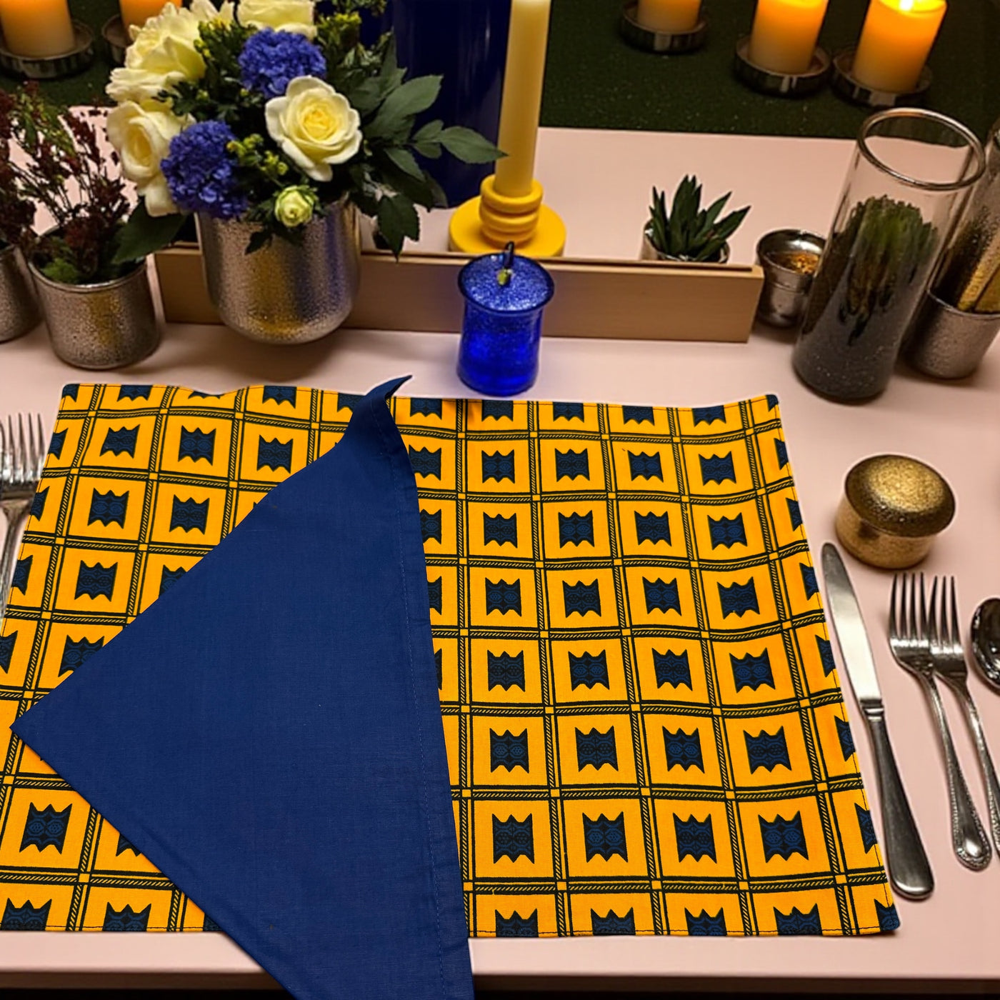 Vibrant Ankara Geometric Placemat & Napkin Set – Afrocentric Dining Décor (12 pcs)