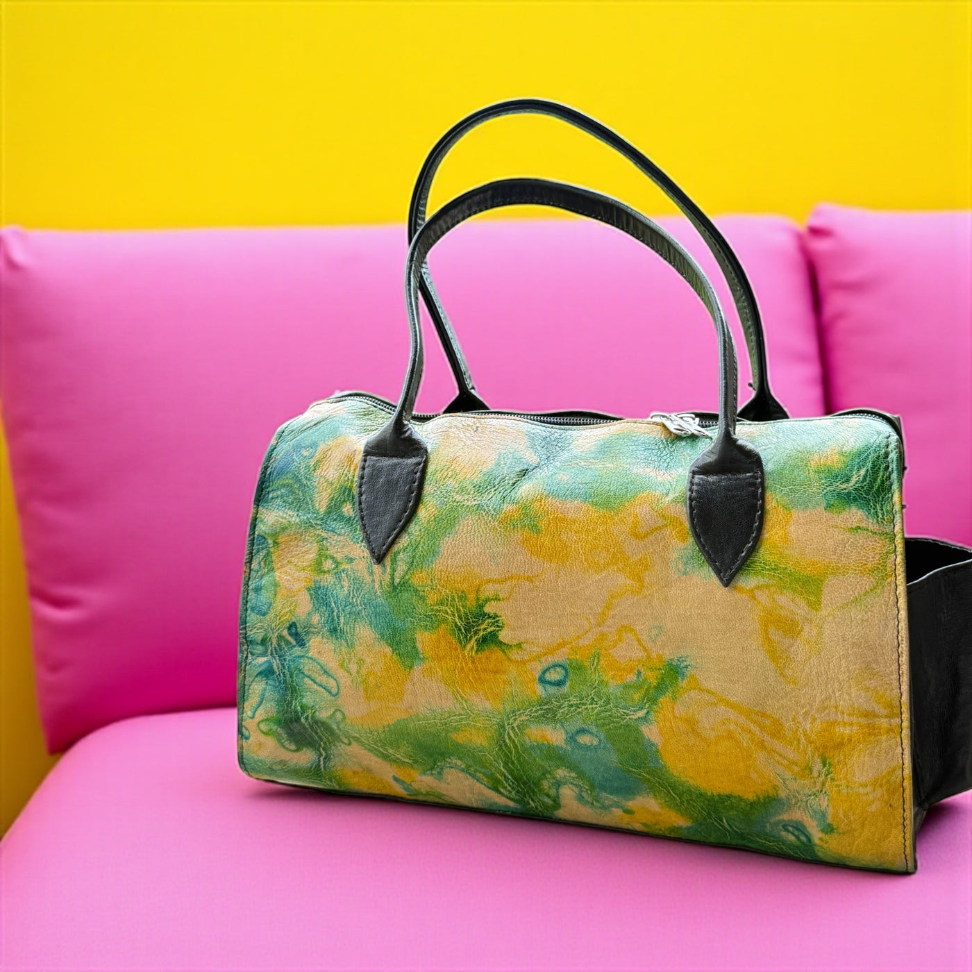 Emerald Marbled Leather Duffle – Lightweight Small Handbag (9” x 11” x 5”)