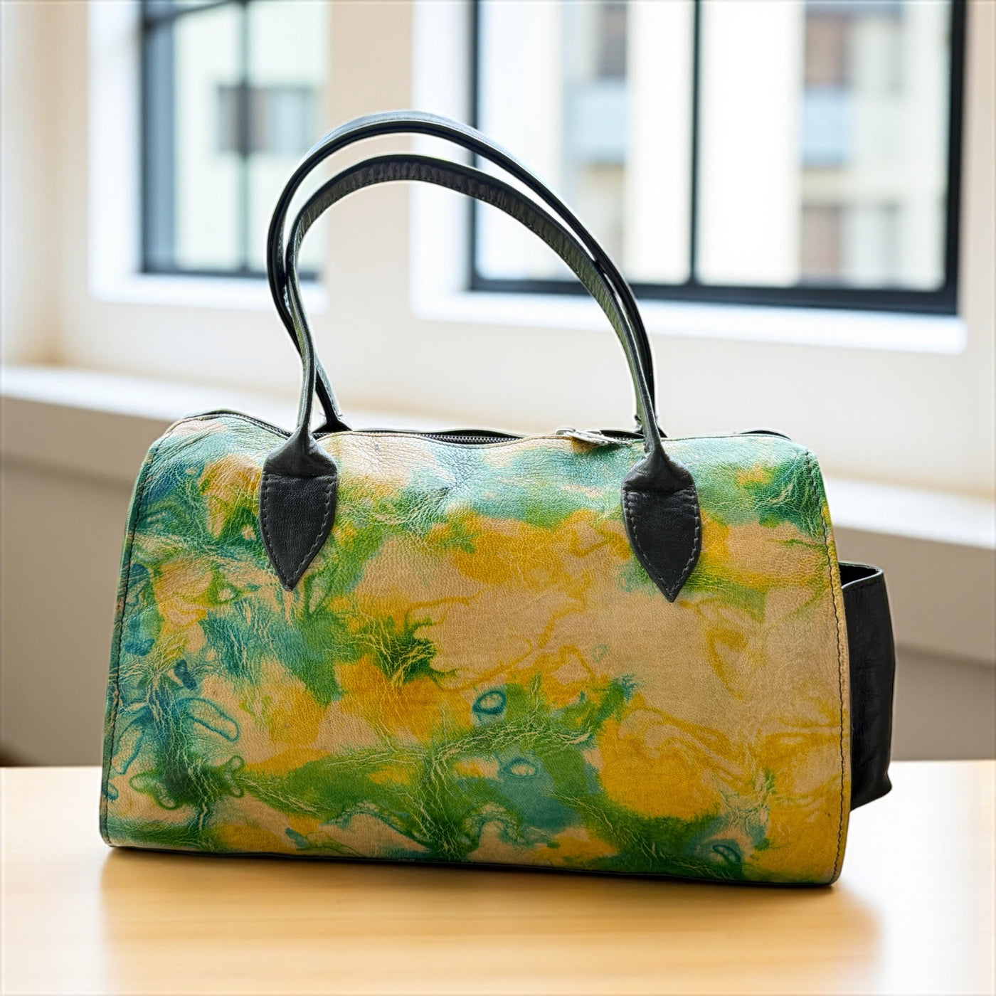 Emerald Marbled Leather Duffle – Lightweight Small Handbag (9” x 11” x 5”)