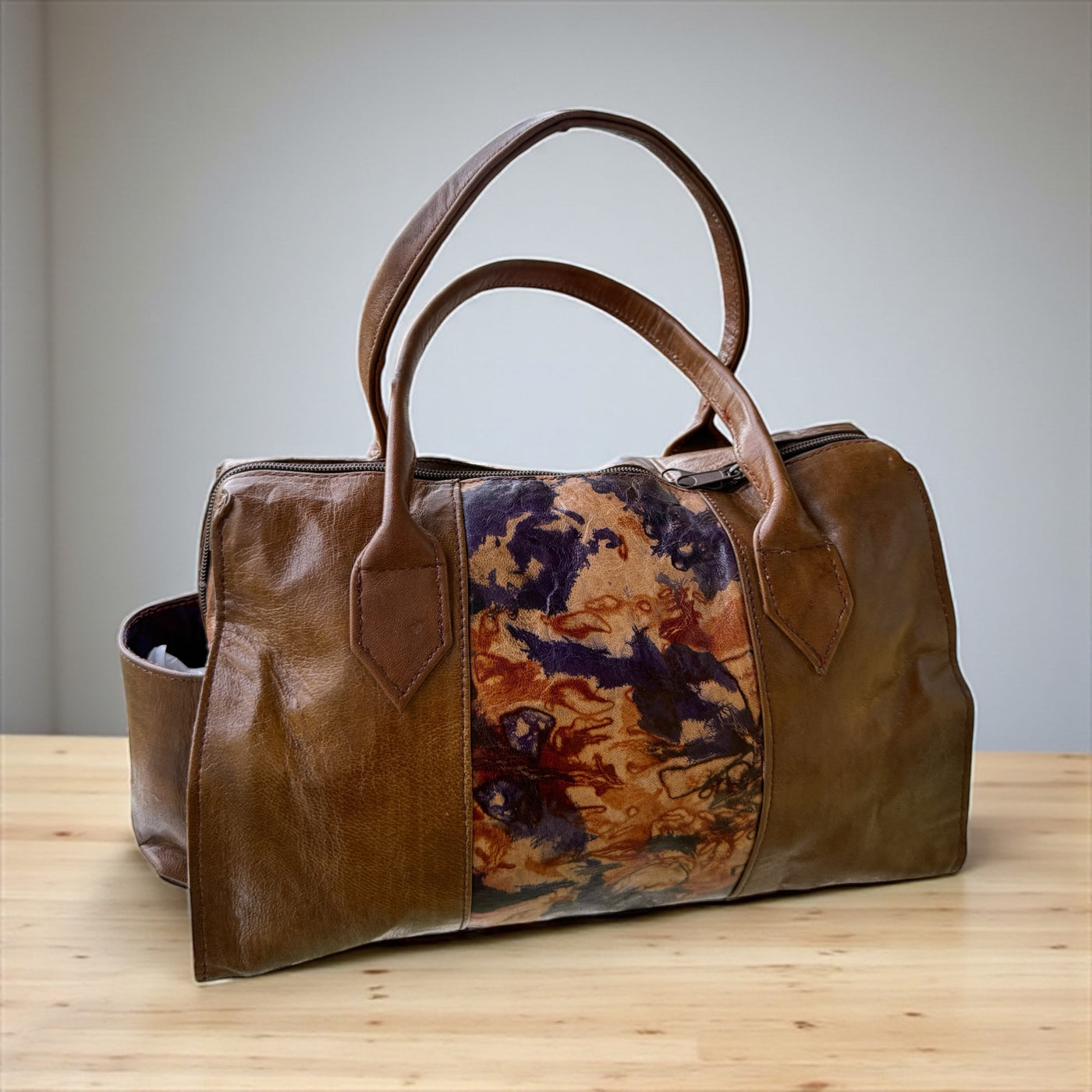 Rustic Artisan Leather Duffle – Handcrafted Small Handbag with Artistic Panel (9” x 11” x 5”)