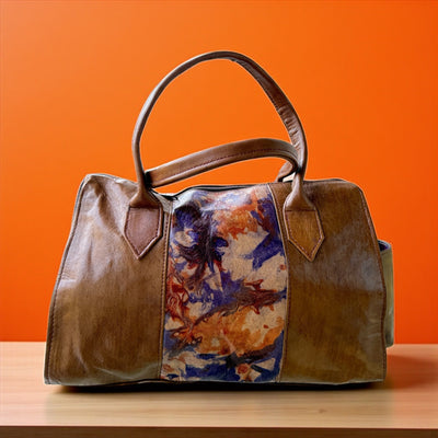 Rustic Artisan Leather Duffle – Handcrafted Small Handbag with Artistic Panel (9” x 11” x 5”)