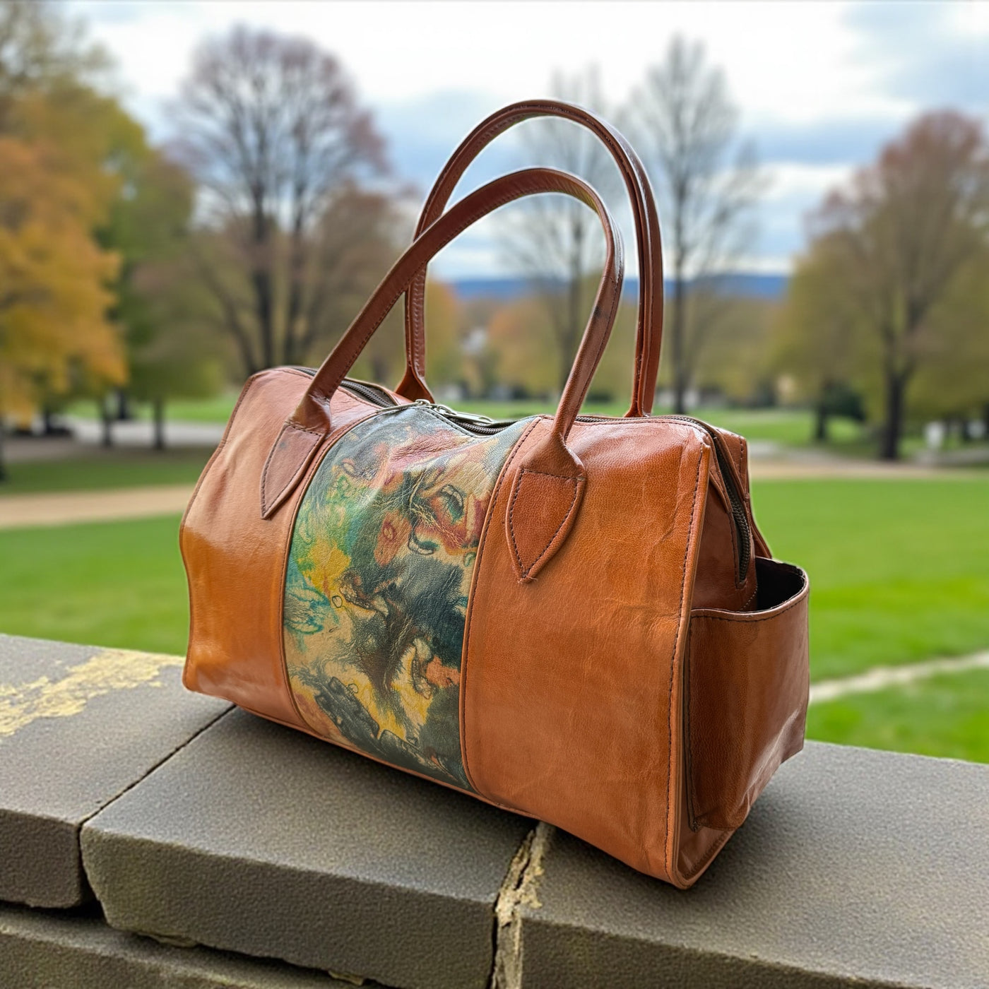 Sunset Marbled Leather Duffle – Handcrafted Small Handbag (9” x 11” x 5”)