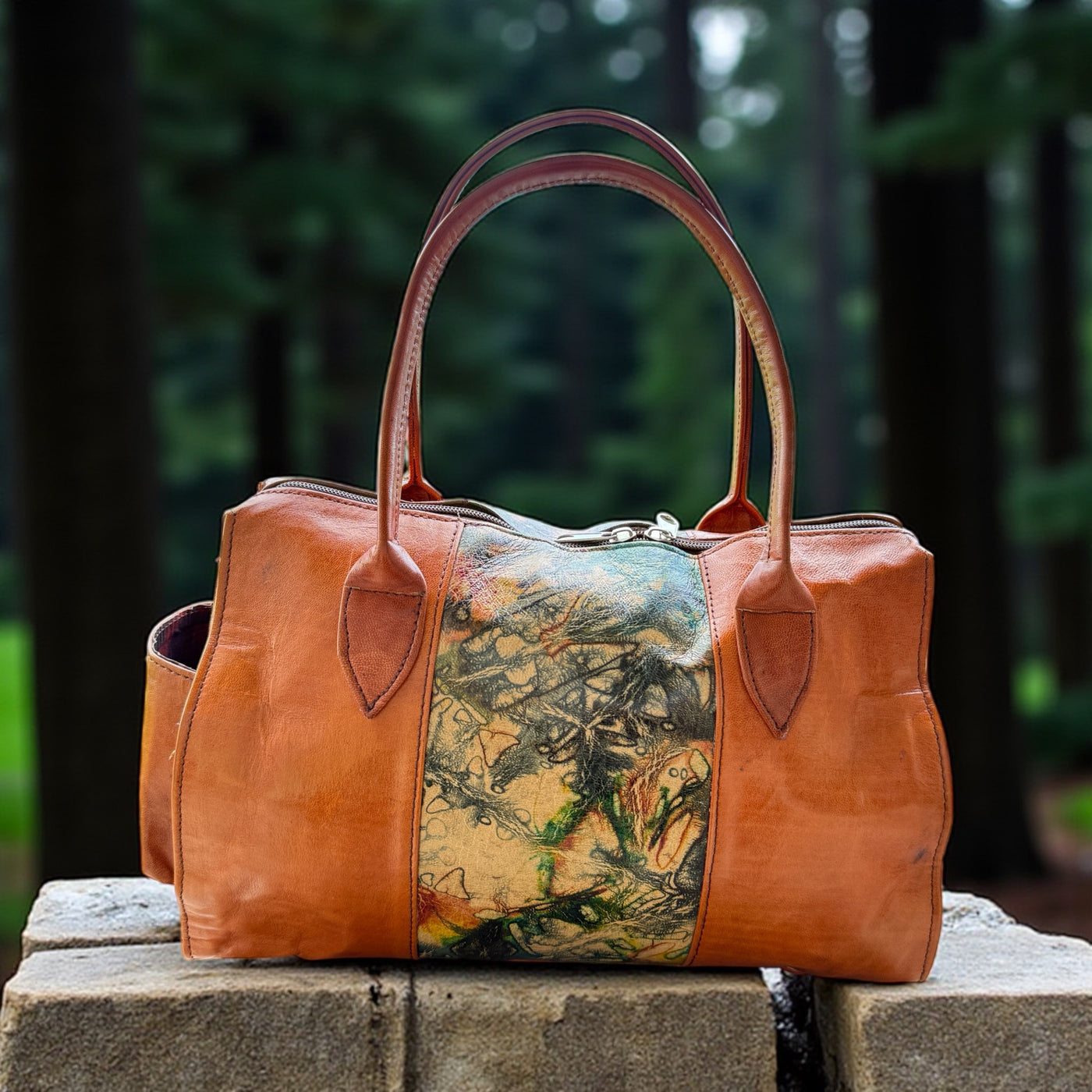 Sunset Marbled Leather Duffle – Handcrafted Small Handbag (9” x 11” x 5”)