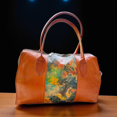 Sunset Marbled Leather Duffle – Handcrafted Small Handbag (9” x 11” x 5”)
