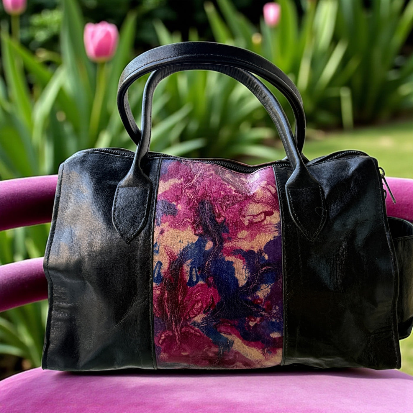 Midnight Bloom Leather Duffle – Handcrafted Small Handbag (9” x 11” x 5”)