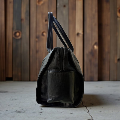 Midnight Bloom Leather Duffle – Handcrafted Small Handbag (9” x 11” x 5”)