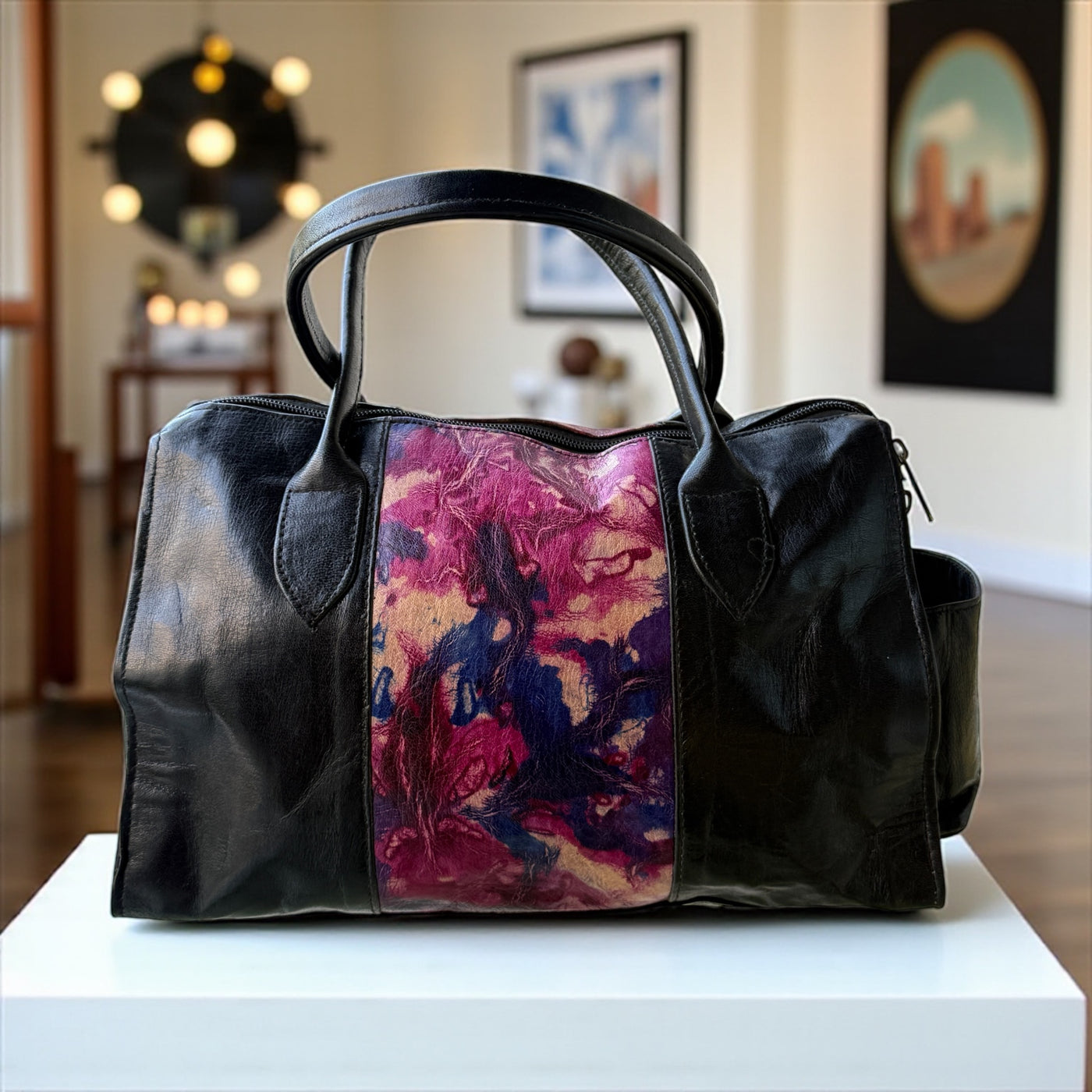 Midnight Bloom Leather Duffle – Handcrafted Small Handbag (9” x 11” x 5”)