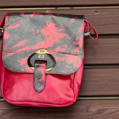 Red & Black Leather Crossbody Bag – Handmade 9x11