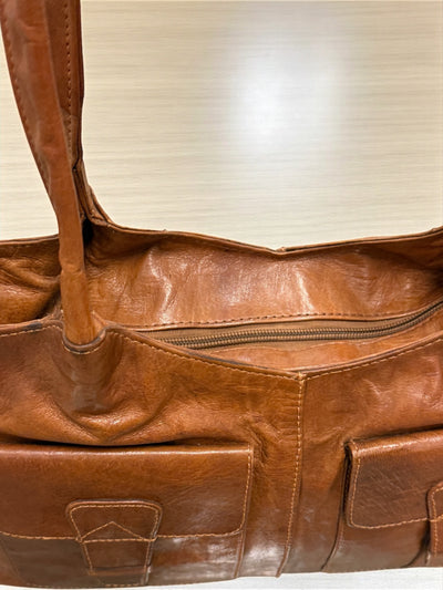 Vintage Cognac Leather Tote – Handmade 9.5” x 16” x 3” with Dual Front Pockets