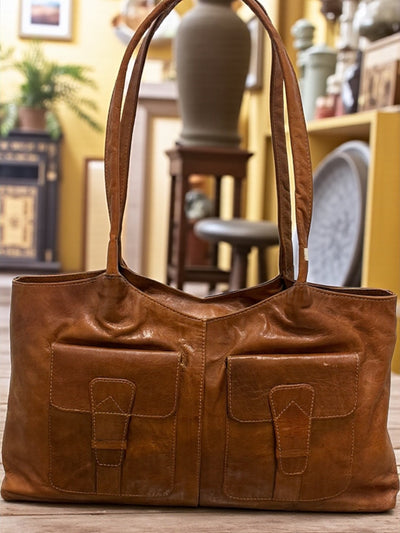 Vintage Cognac Leather Tote – Handmade 9.5” x 16” x 3” with Dual Front Pockets
