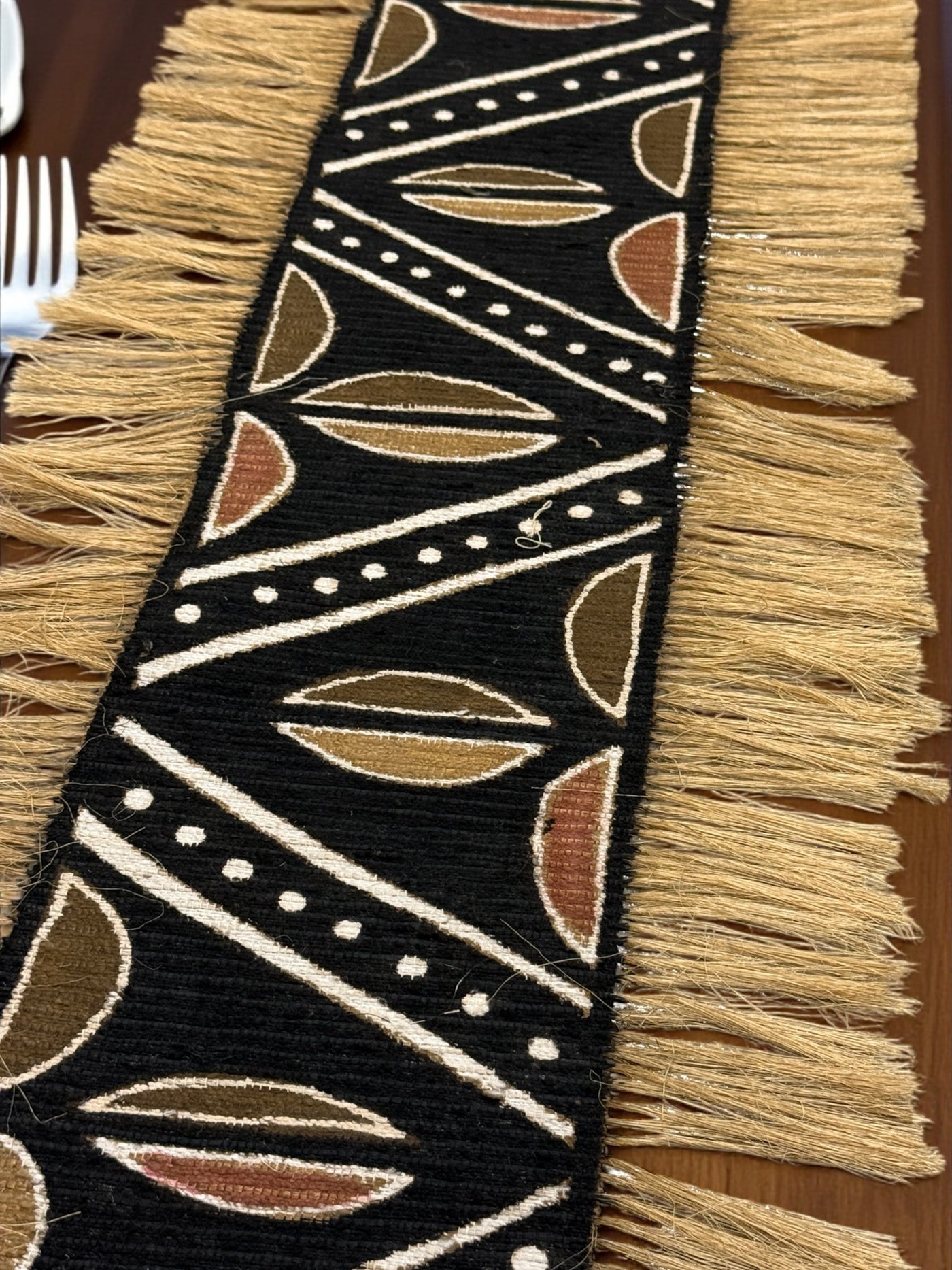 Boho Tribal Mudcloth Table Runner with Natural Fringe – Mali Artisan (68x16”)