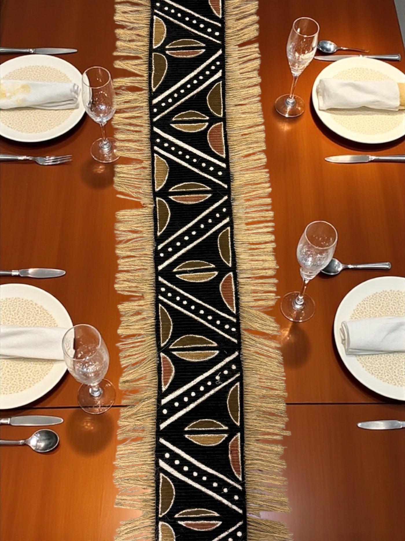 Boho Tribal Mudcloth Table Runner with Natural Fringe – Mali Artisan (68x16”)