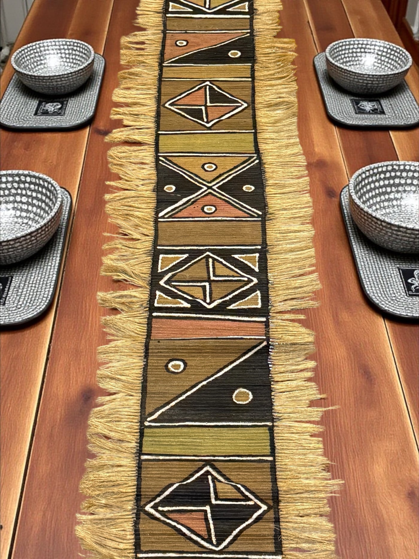 Tribal Geometric Mudcloth Runner with Fringe – 70x15” Versatile Accent