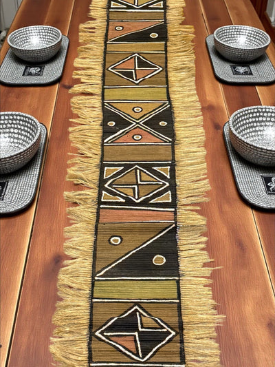 Tribal Geometric Mudcloth Runner with Fringe – 70x15” Versatile Accent