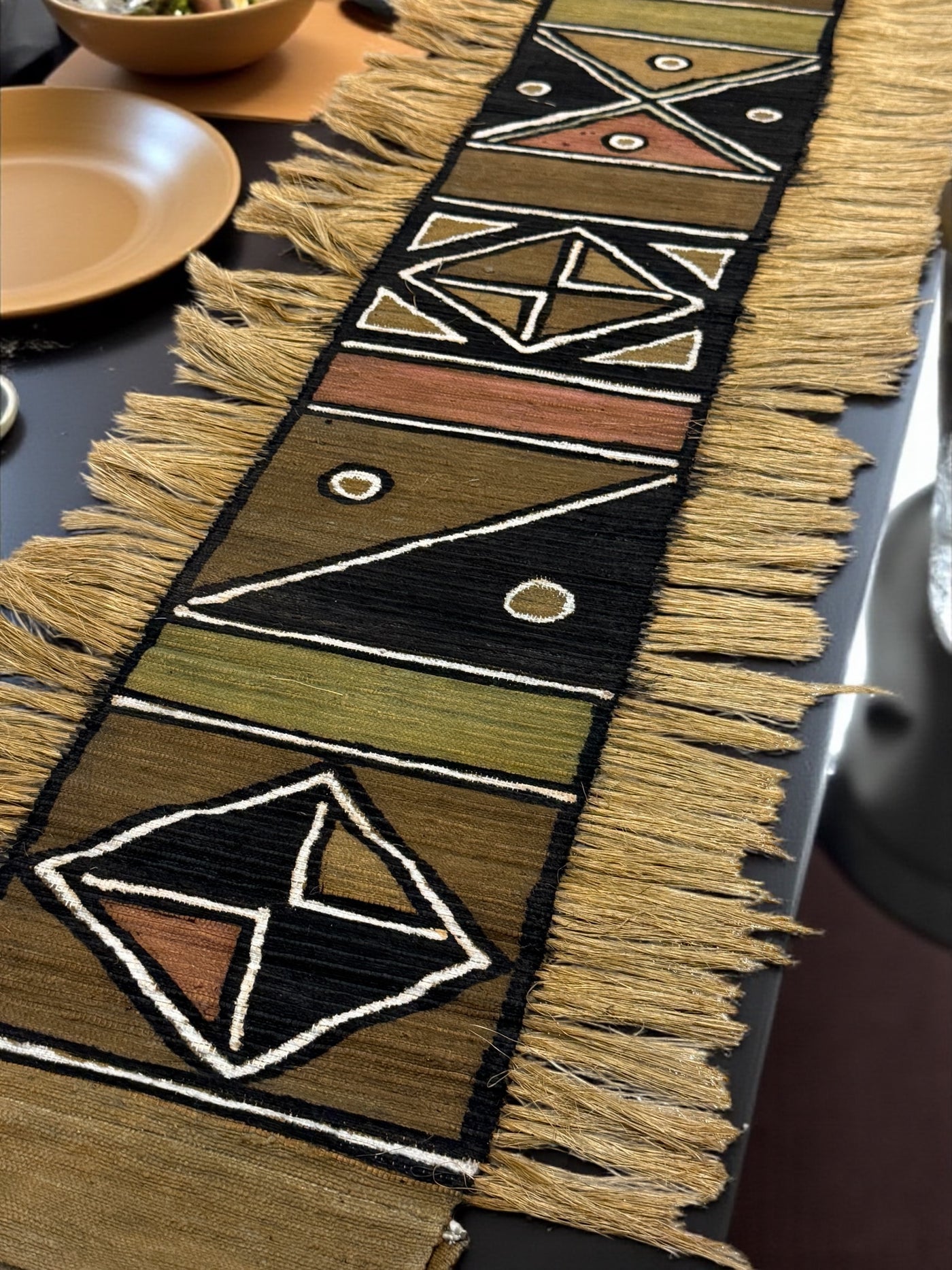 Tribal Geometric Mudcloth Runner with Fringe – 70x15” Versatile Accent