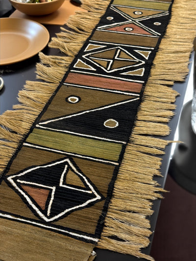 Tribal Geometric Mudcloth Runner with Fringe – 70x15” Versatile Accent