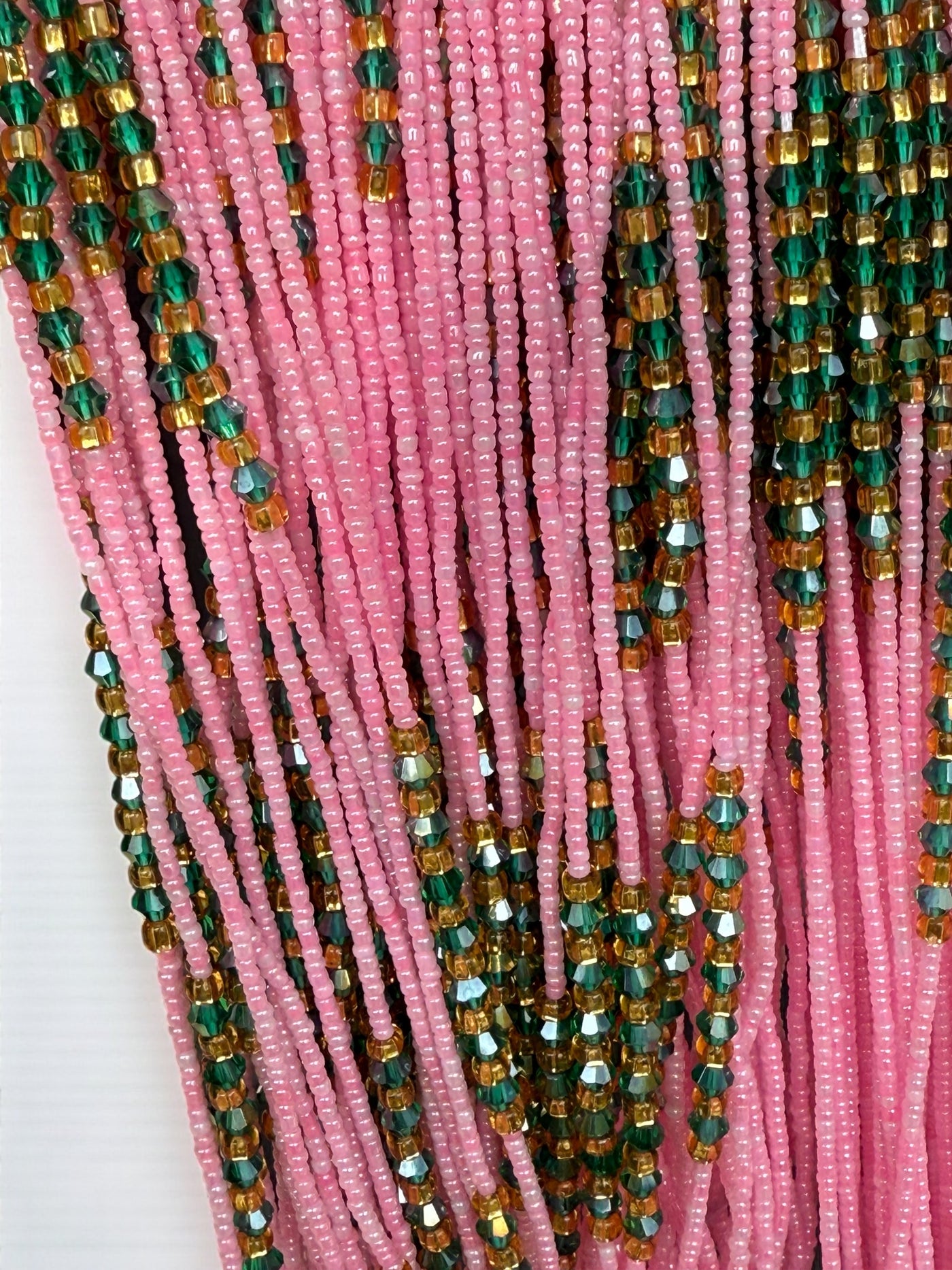 Saramani “Guardian Blossom” Waist Beads – Pink, Green & Gold | 44” Handmade Tie-On