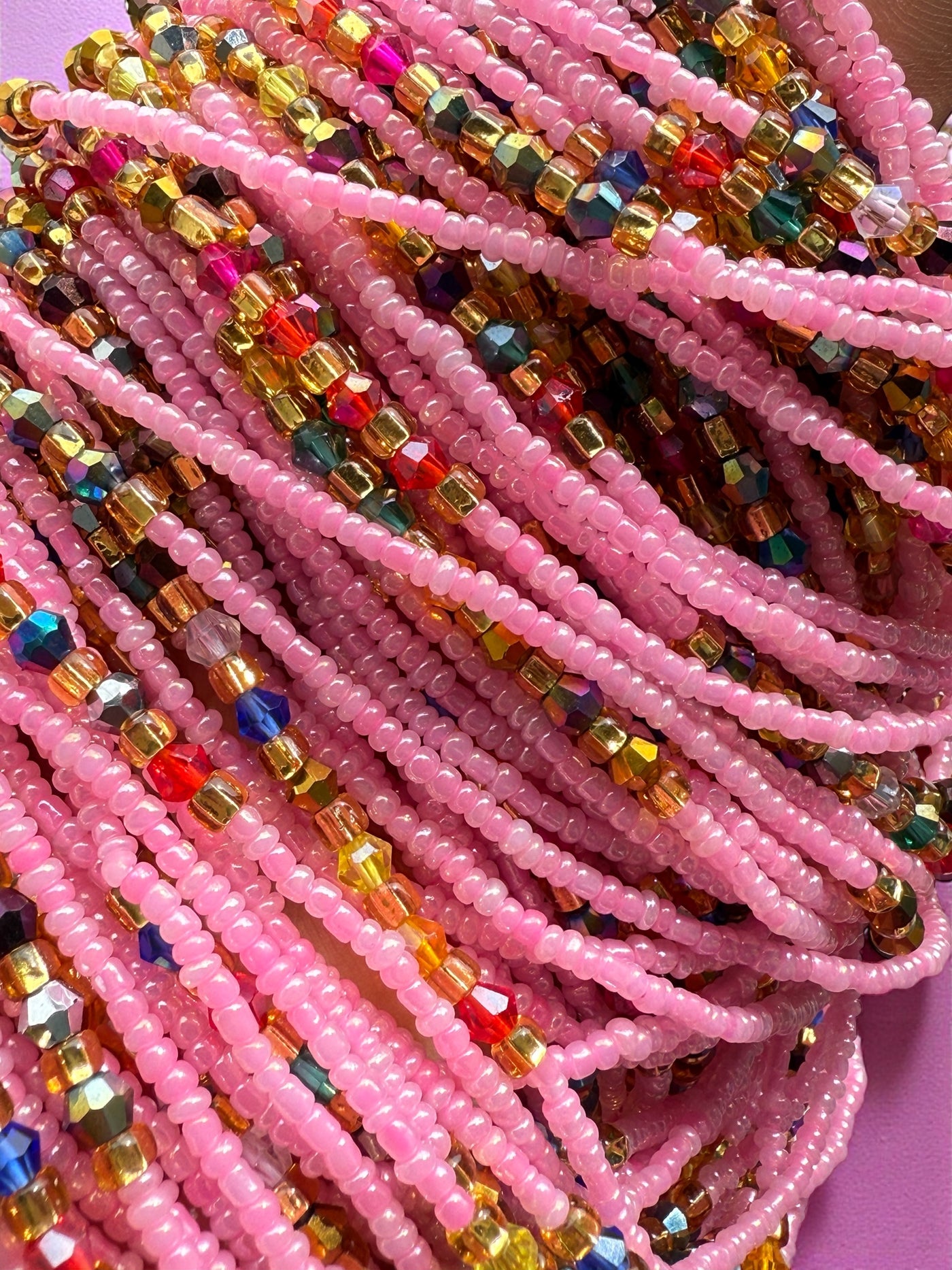 Saramani “Radiant Joy” Waist Beads – Pink with Multicolor Accents | 44” Handmade Tie-On