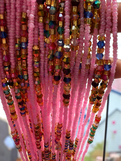 Saramani “Radiant Joy” Waist Beads – Pink with Multicolor Accents | 44” Handmade Tie-On