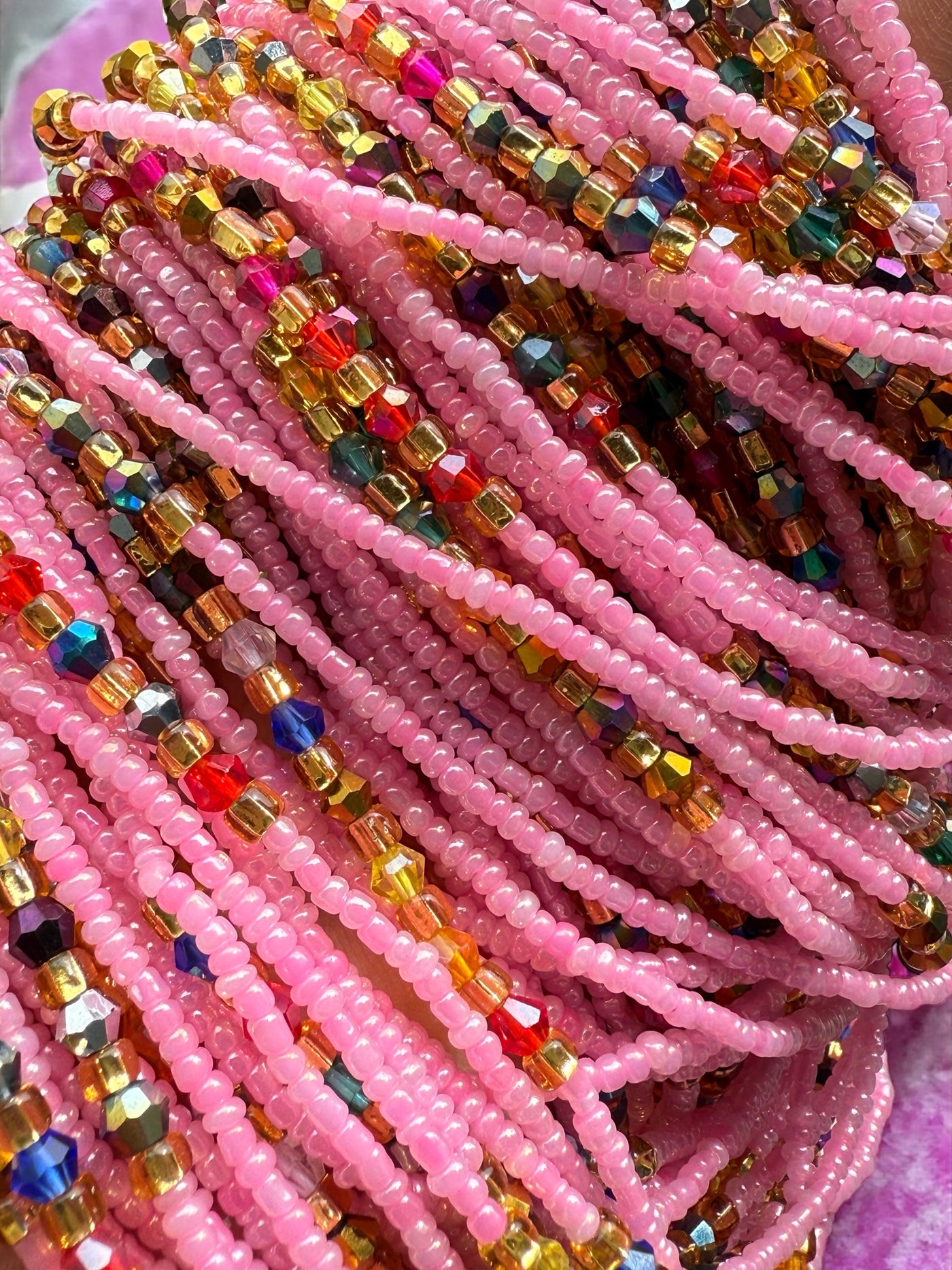 Saramani “Radiant Joy” Waist Beads – Pink with Multicolor Accents | 44” Handmade Tie-On