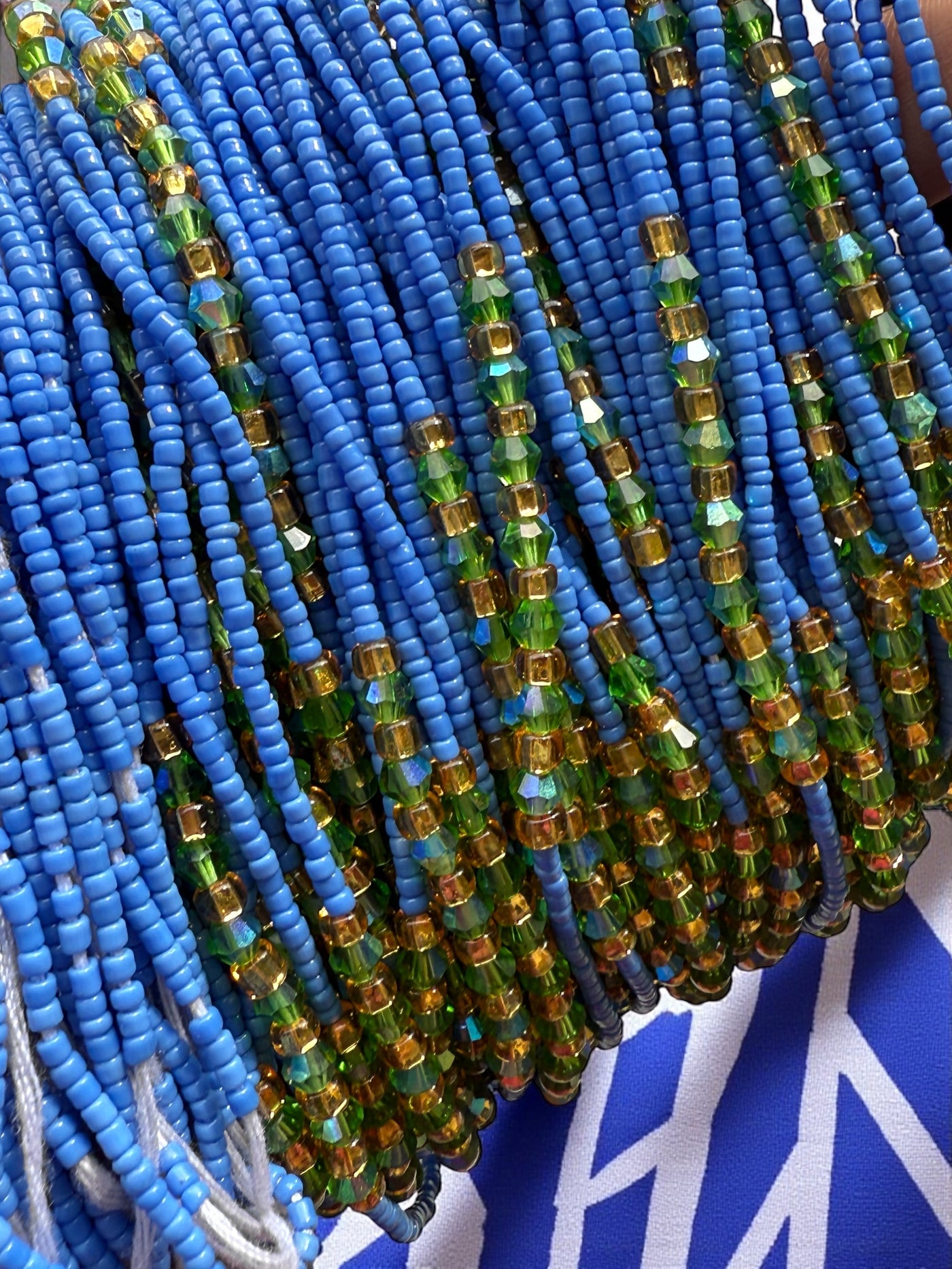 Saramani “Ocean Harmony” Waist Beads – Blue, Green & Gold | 44” Handmade Tie-On