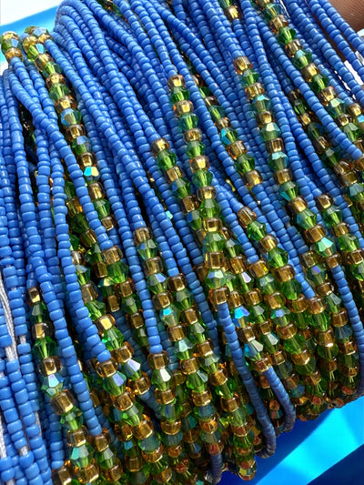 Saramani “Ocean Harmony” Waist Beads – Blue, Green & Gold | 44” Handmade Tie-On