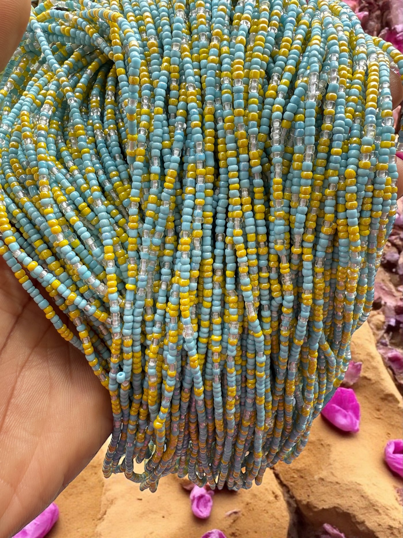 Saramani “Abeni Blessing” Waist Beads – Sky Blue, Yellow & Clear | 44” Handmade Tie-O