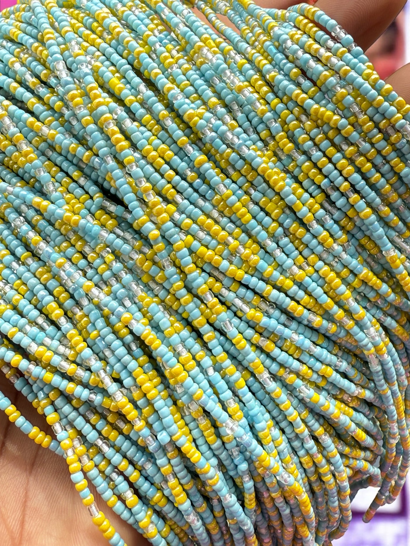 Saramani “Abeni Blessing” Waist Beads – Sky Blue, Yellow & Clear | 44” Handmade Tie-O