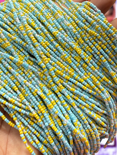 Saramani “Abeni Blessing” Waist Beads – Sky Blue, Yellow & Clear | 44” Handmade Tie-O